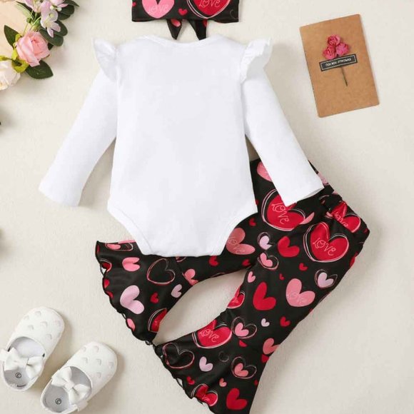 BABY GIRL GRAPHIC RUFFLED BODYSUIT AND HEART PRINT FLARE PANTS SET - Picture 8 of 9